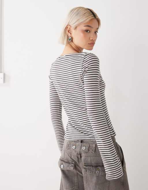 Weekday Annie super soft boat neck long sleeve top in off-white & mole stripes