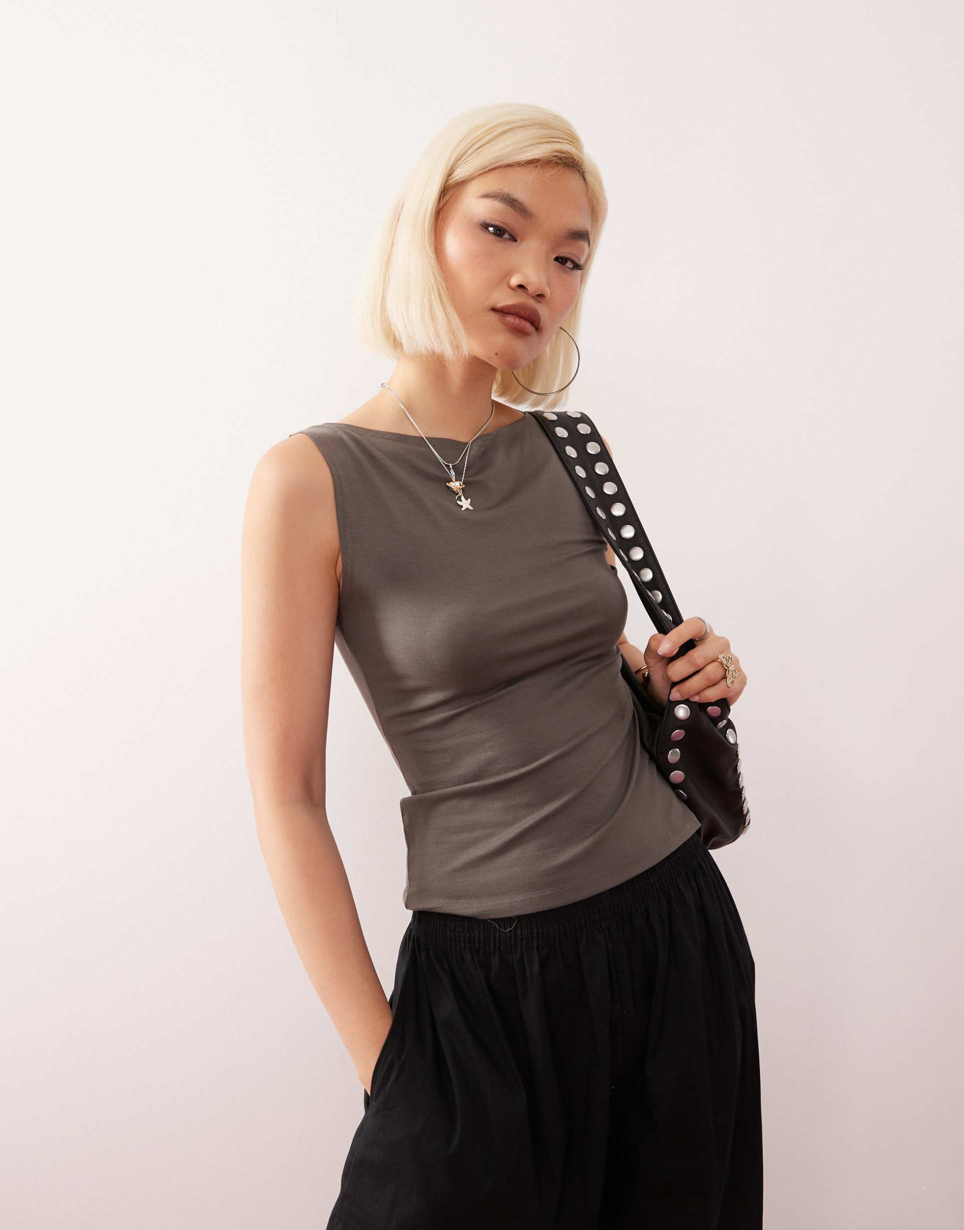 weekday annie super soft boat neck sleeveless top in charcoal
