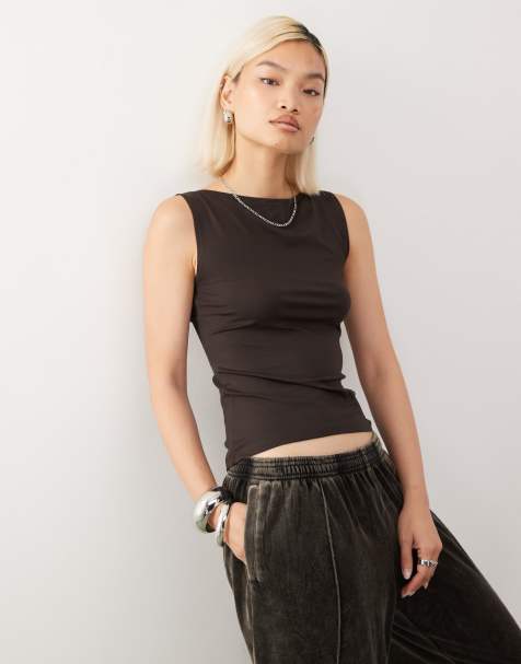 Weekday Annie super soft boat neck sleeveless top in dark brown - view 1