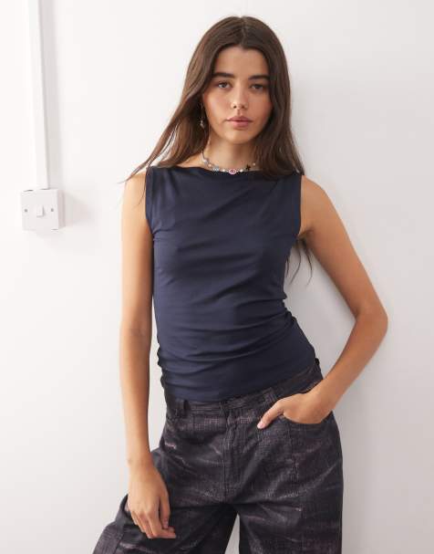 Weekday Annie super soft boat neck tank top in dark navy - view 1