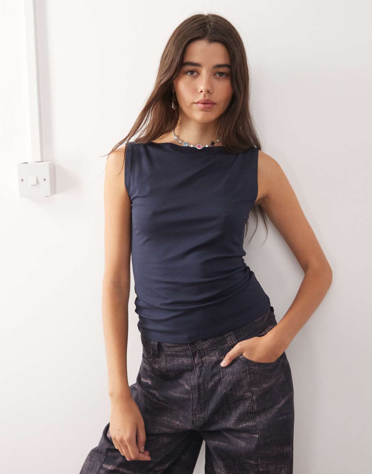 Weekday Annie super soft boat neck tank top in dark navy