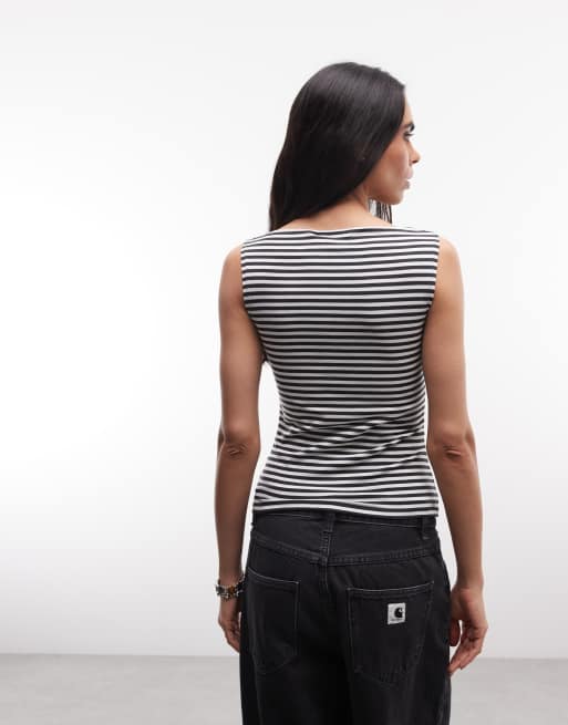 Weekday Annie super soft boat neck tank top in gray and off-white stripes, 3 of 4
