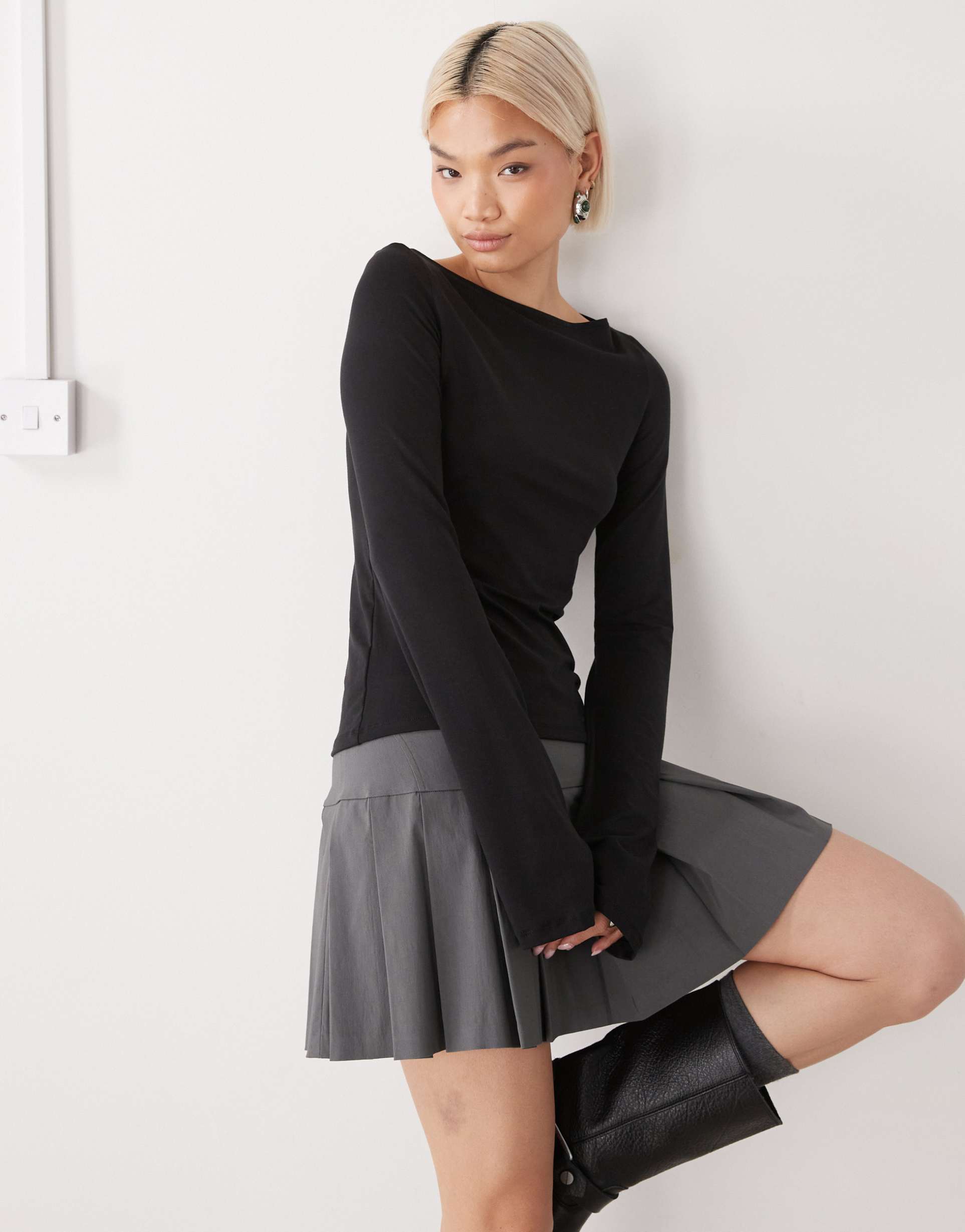 weekday annie super soft long sleeve boat neck top in black