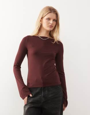 Weekday Annie Super Soft Long Sleeve Boat Neck Top In Burgundy