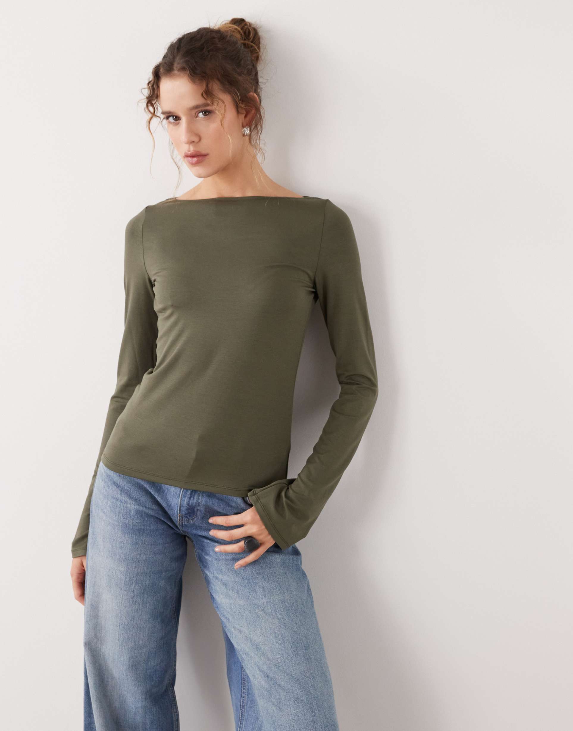 weekday annie super soft long sleeve boat neck top in dark green - exclusive to asos