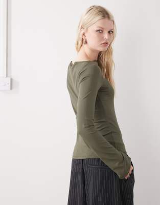 Weekday Annie Super Soft Long Sleeve Boat Neck Top In Green