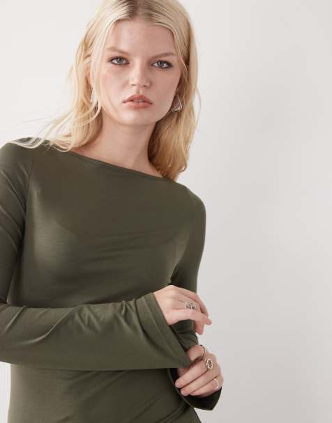 Weekday Annie super soft long sleeve boat neck top in dark greenn exclusive to ASOS - view 1