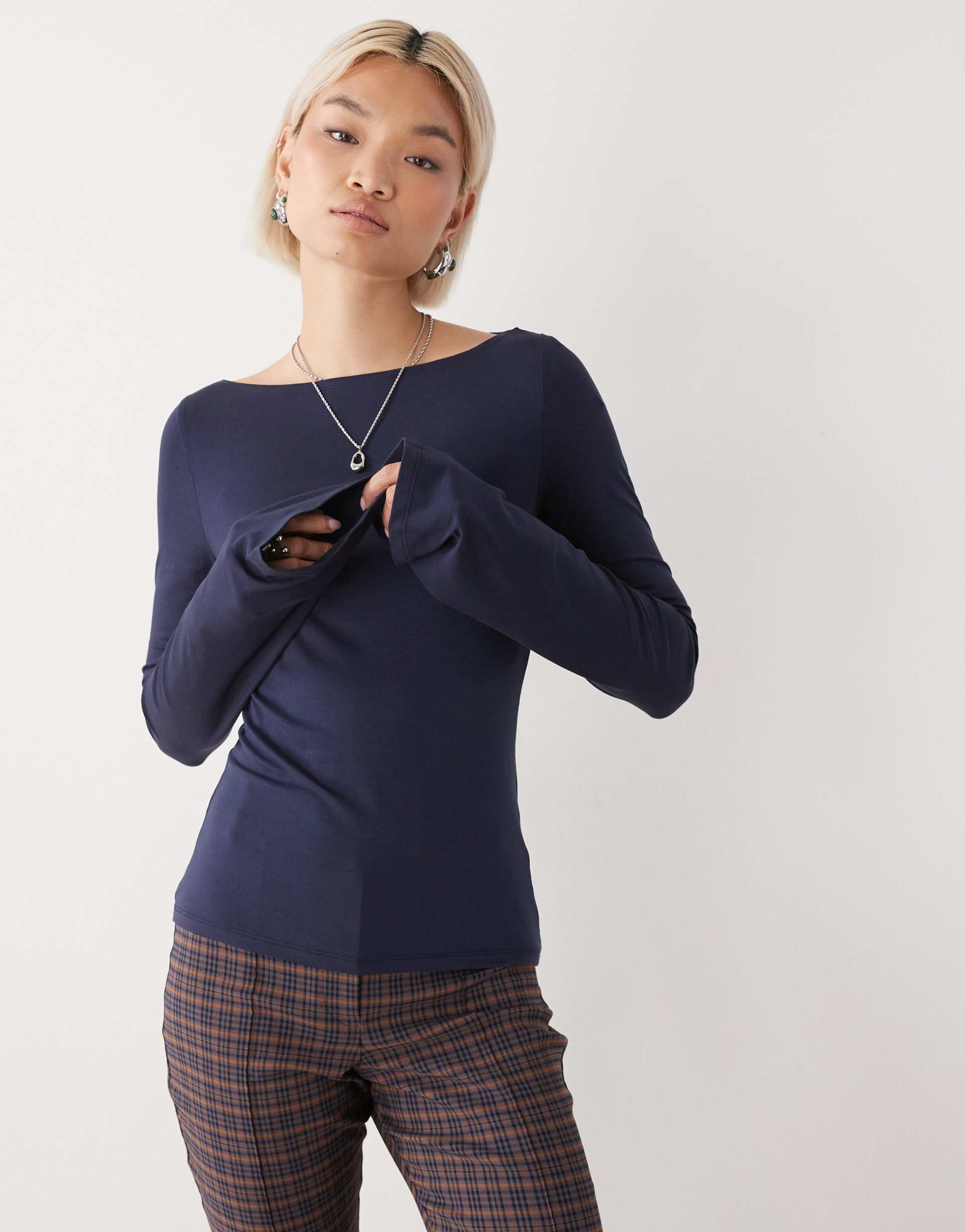 weekday annie super soft long sleeve boat neck top in dark navy - exclusive to asos