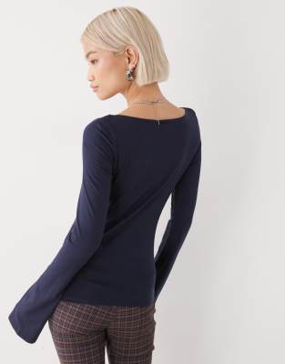 Weekday Annie Super Soft Long Sleeve Boat Neck Top In Blue