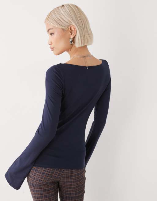 Weekday Annie super soft long sleeve boat neck top in dark navy - exclusive to ASOS
