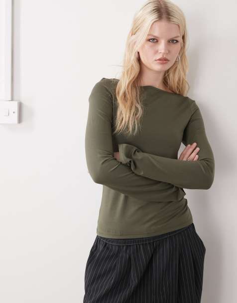 Weekday Annie super soft long sleeve boat neck top in khaki exclusive to ASOS - view 1