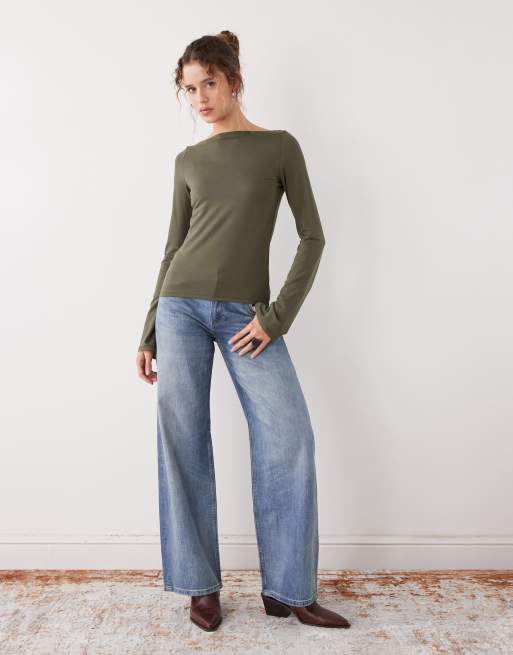 Weekday Annie super soft long sleeve boat neck top in khaki exclusive to ASOS, 2 of 4
