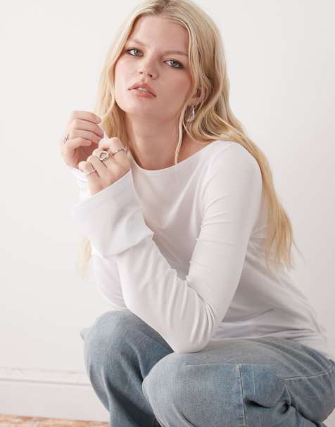 Weekday Annie super soft long sleeve boat neck top in white exclusive to ASOS - view 1