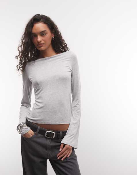 Weekday Annie top a maniche lunghe con scollo a barchetta in grigio mélange - view 1