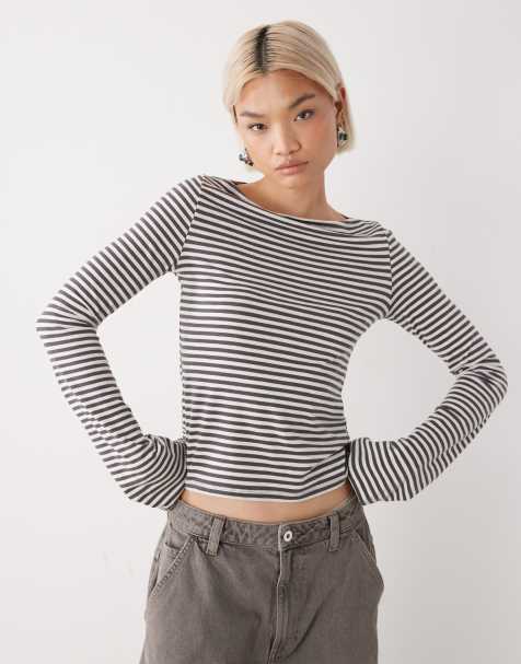 Weekday - Annie - Top a maniche lunghe morbidissimo bianco sporco e color talpa a righe con scollo a barchetta - view 1