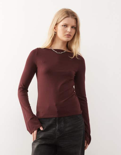 Weekday - Annie - Top a maniche lunghe morbidissimo color bordeaux con scollo a barchetta