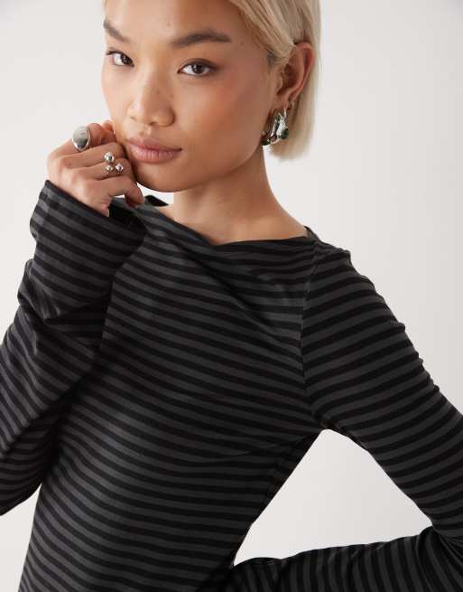Weekday - Annie - Top a maniche lunghe morbidissimo grigio scuro e nero a righe con scollo a barchetta, 4 di 4