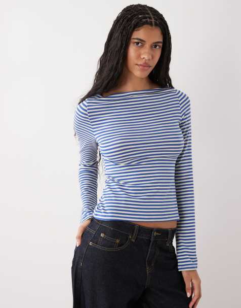 Weekday - Annie - Top a maniche lunghe morbido a righe color blu e giallo latticello con scollo a barchetta - In esclusiva per ASOS - view 1