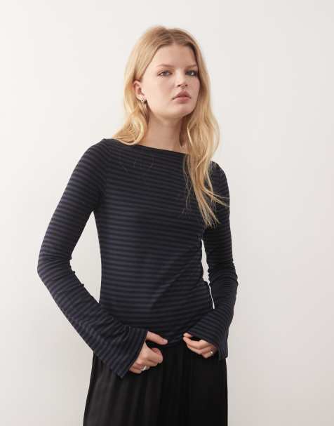 Weekday - Annie - Top a maniche lunghe morbido blu navy a righe con scollo a barchetta - In esclusiva per ASOS - view 1