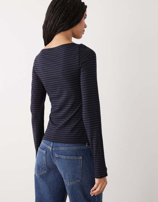 Weekday - Annie - Top a maniche lunghe morbido blu navy a righe con scollo a barchetta - In esclusiva per ASOS, 3 di 4