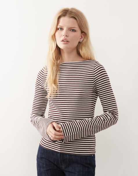 Weekday - Annie - Top a maniche lunghe morbido color bordeaux a righe con scollo a barchetta - In esclusiva per ASOS - view 1