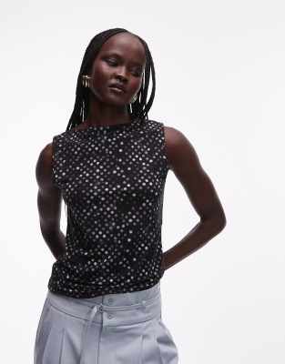 Annie - Top en tulle à encolure bateau - Noir à pois XL