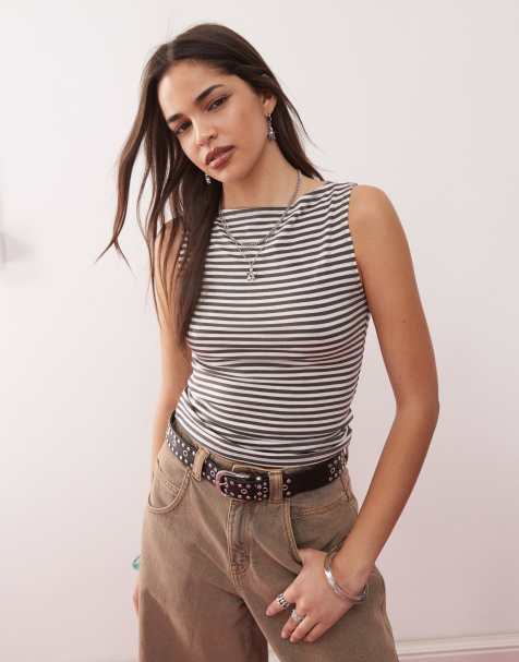 Weekday - Annie - Top senza maniche bianco e talpa a righe con scollo a barchetta - view 1