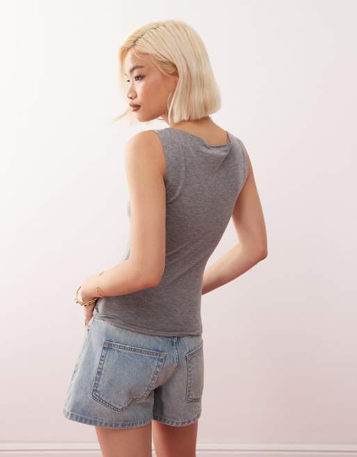Weekday - Annie - Top senza maniche grigio mélange ultra morbido con scollo a barchetta, 4 di 4