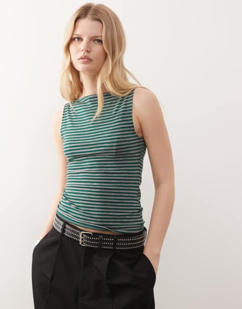 Weekday - Annie - Top senza maniche morbido verde scuro e grigio a righe con scollo a barchetta - In esclusiva per ASOS - view 1