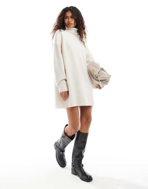 Weekday Annie Vestito corto in maglia di misto lana bianco sporco melange con collo alto In esclusiva per ASOS