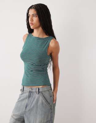 Weekday - Annie - Weiches, ärmelloses Oberteil in Dunkelgrün und Grau mit U-Boot-Ausschnitt und Streifen, exklusiv bei A...