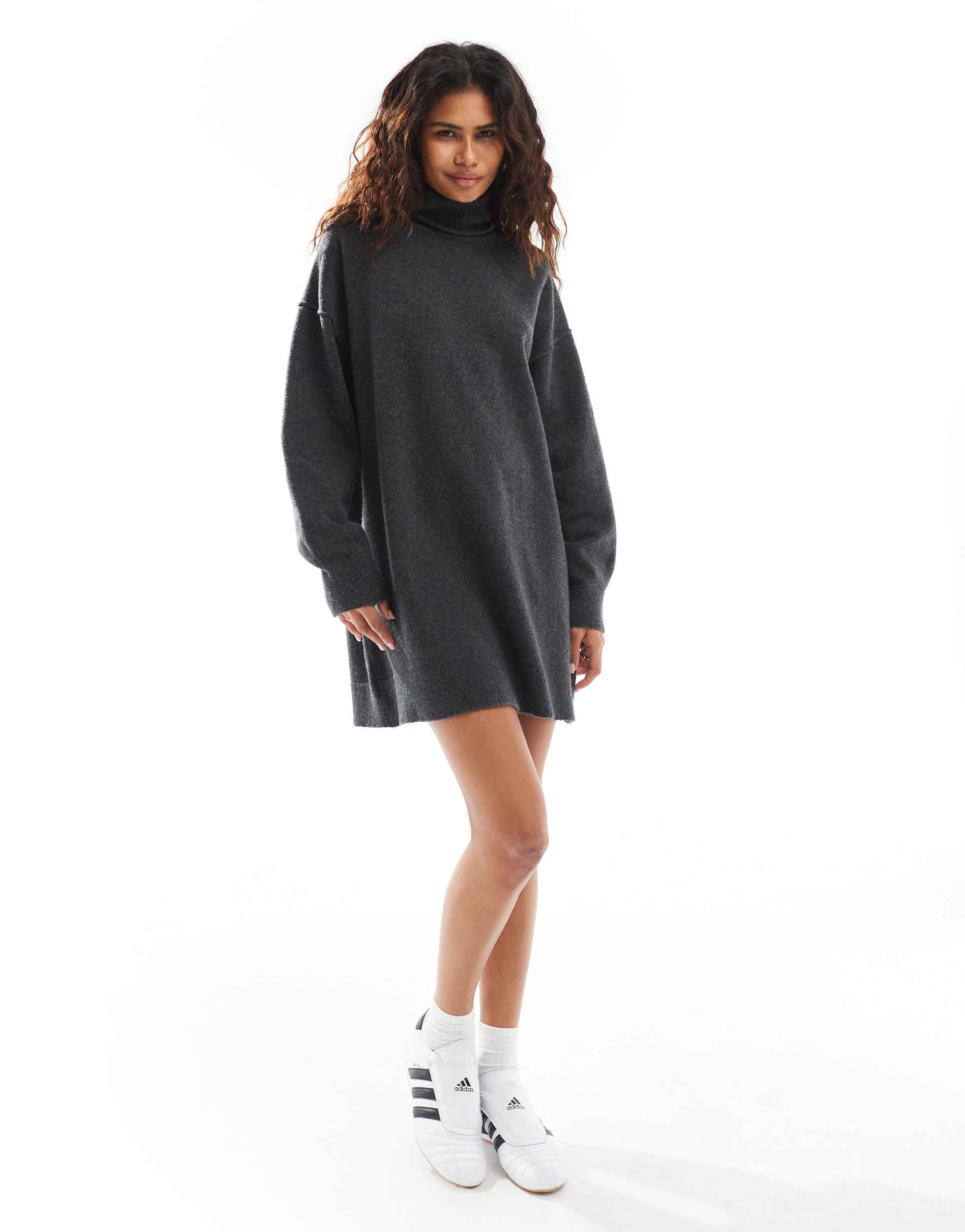 weekday annie wool blend roll neck knit mini dress in black melange - exclusive to asos