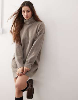 Annie wool blend roll neck knitted mini dress in mole melange exclusive to ASOS-Gray