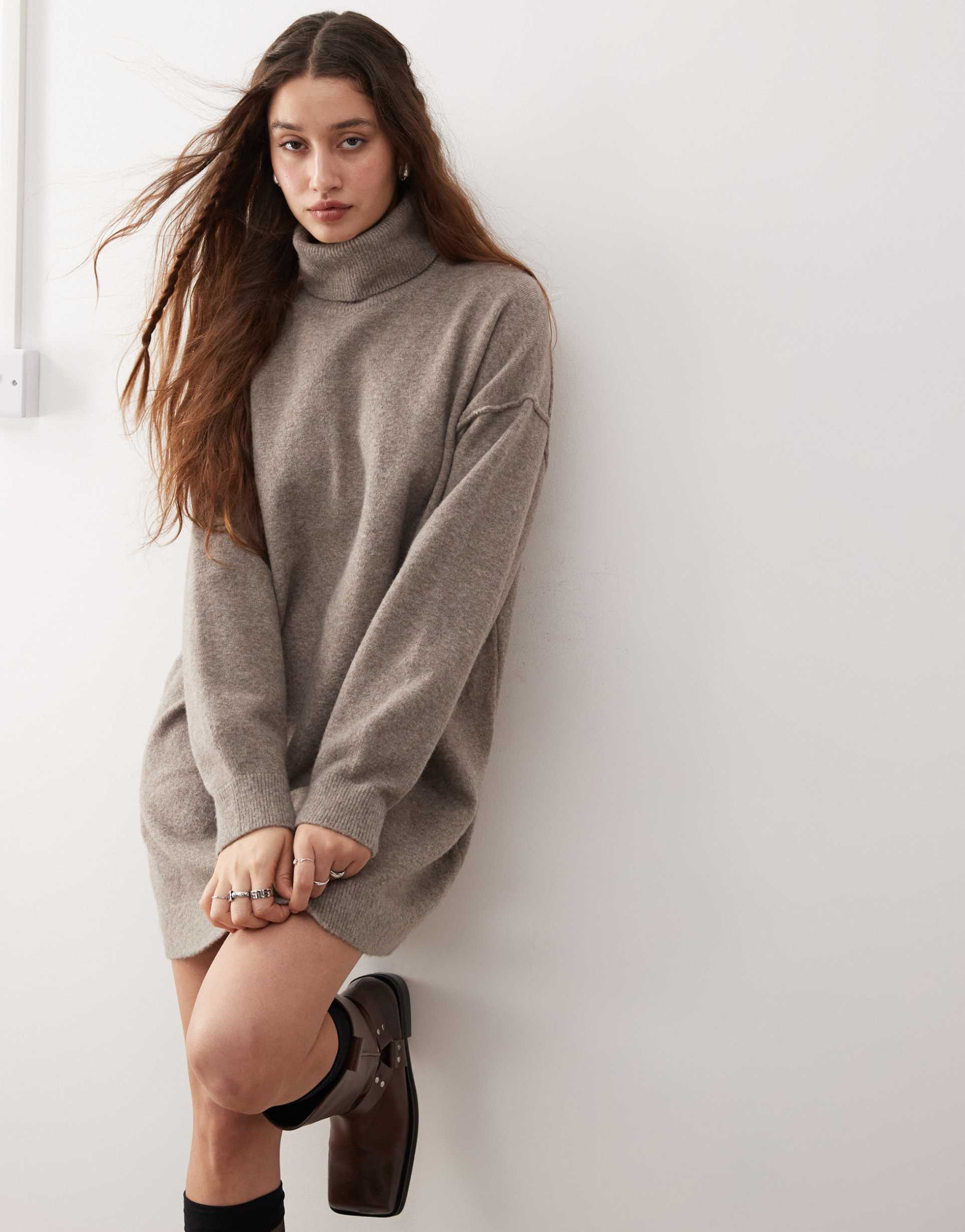 weekday annie wool blend roll neck knitted mini dress in mole melange exclusive to asos