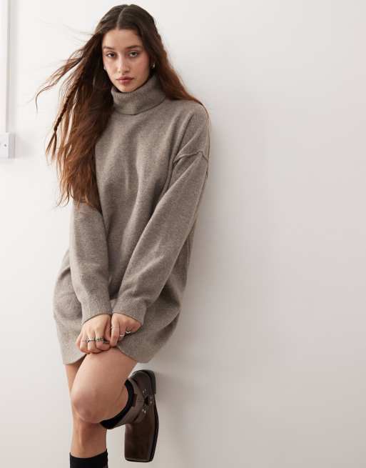 Weekday Annie wool blend roll neck knitted mini dress in mole melange exclusive to ASOS