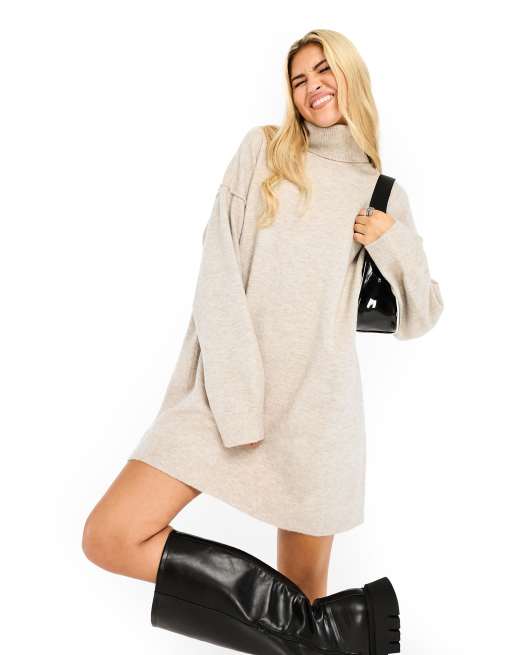 Weekday Annie wool blend roll neck mini knitted jumper dress in beige melange exclusive to ASOS