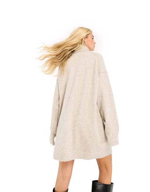Weekday Annie wool blend roll neck mini knitted jumper dress in beige melange exclusive to ASOS, 2 of 4