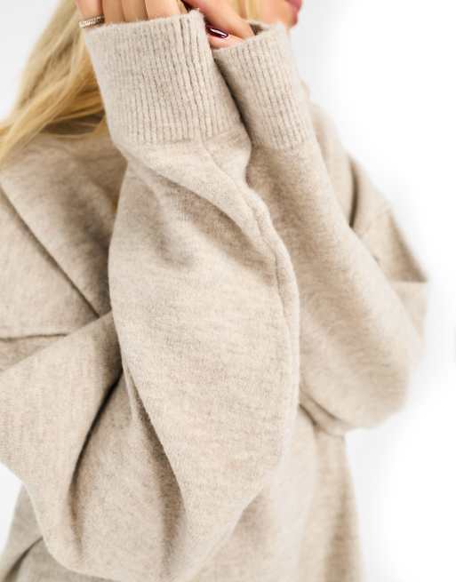 Weekday Annie wool blend roll neck mini knitted jumper dress in beige melange exclusive to ASOS, 3 of 4