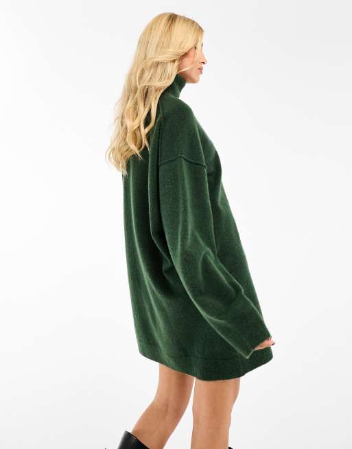 Weekday Annie wool blend roll neck mini knitted jumper dress in dark green melange exclusive to ASOS