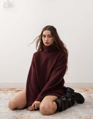 Annie wool blend roll neck mini knitted sweater dress in burgundy melange exclusive to ASOS-Red