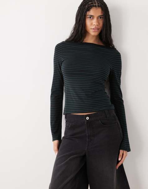 Weekday - Annie - Zachte gestreepte top met boothals en lange mouwen in bosgroen, exclusief bij ASOS - view 1
