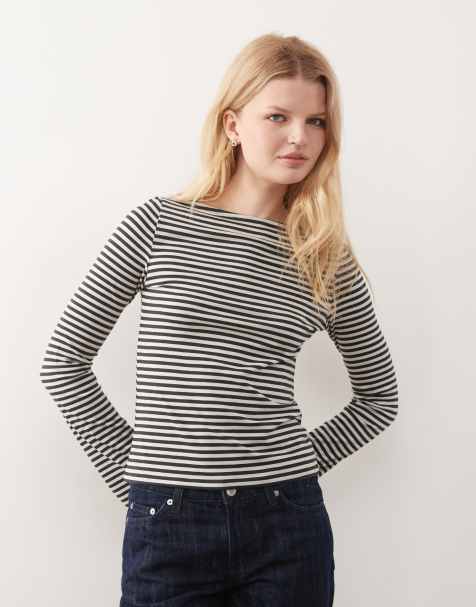 Weekday - Annie - Zachte gestreepte top met boothals en lange mouwen in donkergrijs en lichtgrijs, exclusief bij ASOS - view 1