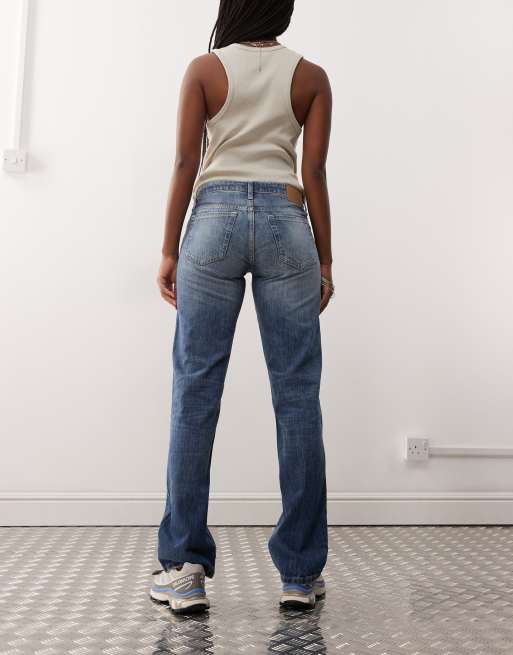 Weekday Arrow low waist straight leg jeans in faded dark blue wash