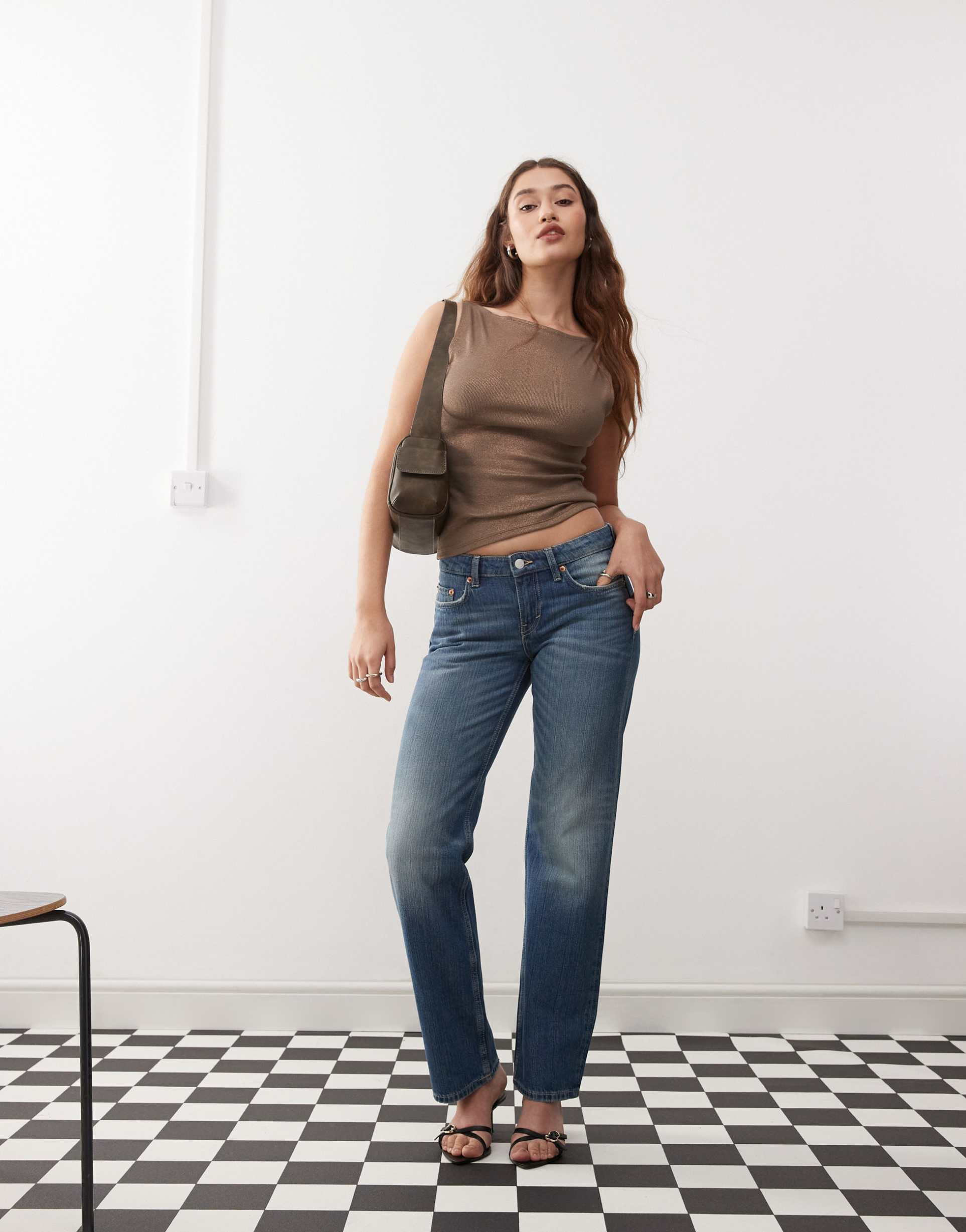weekday arrow low waist regular fit straight leg jeans in streaky blue wash