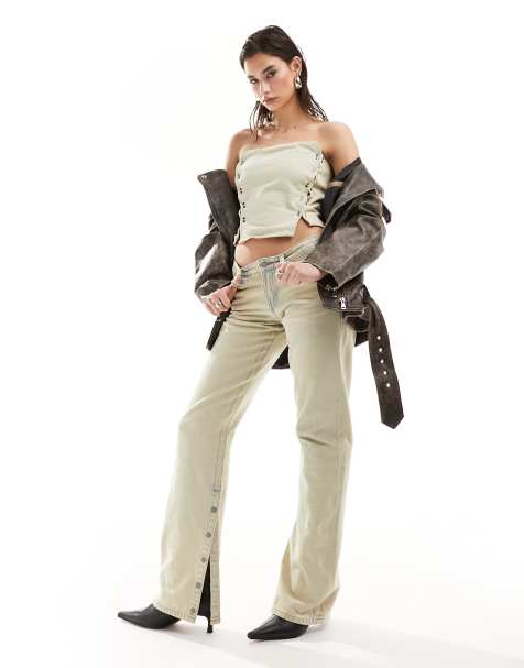 Weekday Arrow low waist straight leg jeans with hem split in sun bleached light blue wash - part of a set - view 1
