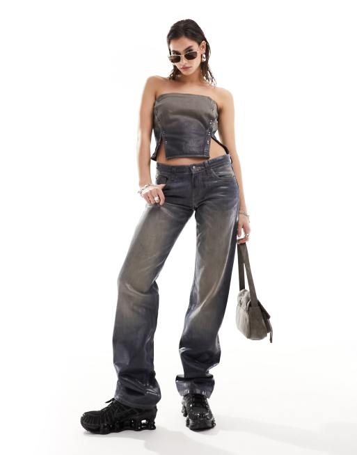 Weekday Arrow wax coated low rise regular fit straight leg jeans in washed blue - part of a set