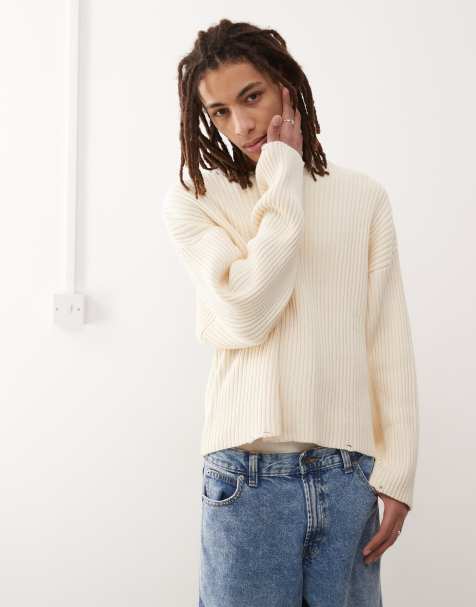 Weekday Arthur chunky rib sweater with distressed hem detail in off-white - view 1