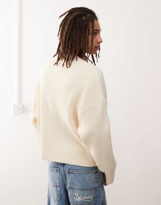 Weekday - Arthur - Maglione pesante bianco sporco a coste con orlo grezzo, 3 di 4