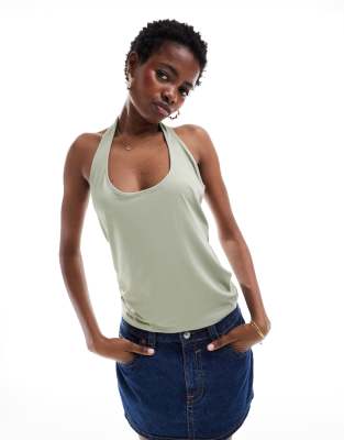 Weekday Astrid jersey halter neck top in sage green