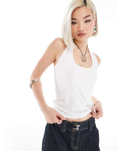 Weekday - Astrid - Top bianco in jersey allacciato al collo - view 1